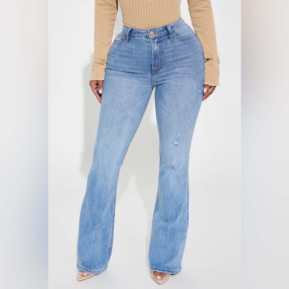 Fashion Nova Ripped Stretch Flare Jeans - Medium Wash